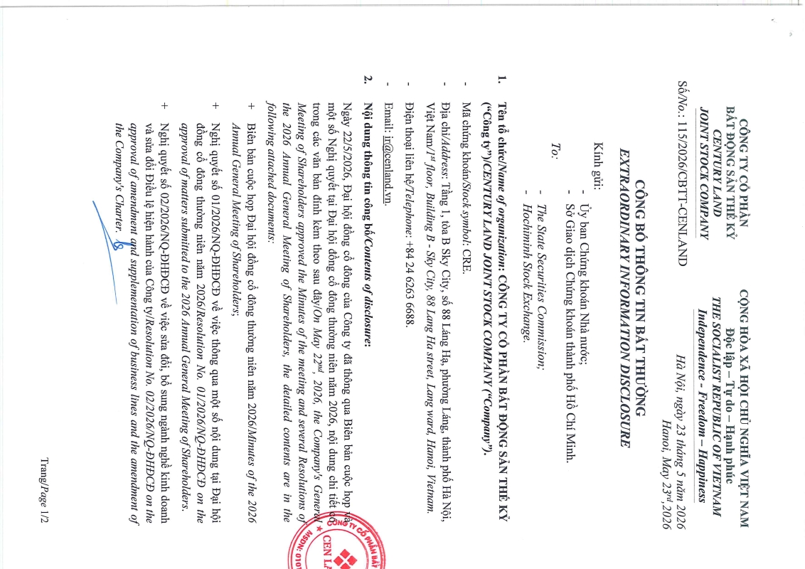 Bi&ecirc;n bản họp v&agrave; Nghị quyết Đại hội đồng cổ đ&ocirc;ng Thường Ni&ecirc;n năm 2026